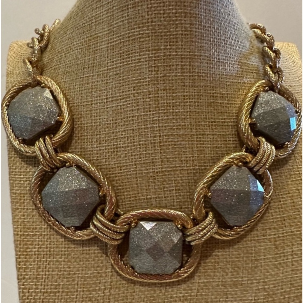 Mika Statement Necklace Gold Tone With Silver Sparkly Squares